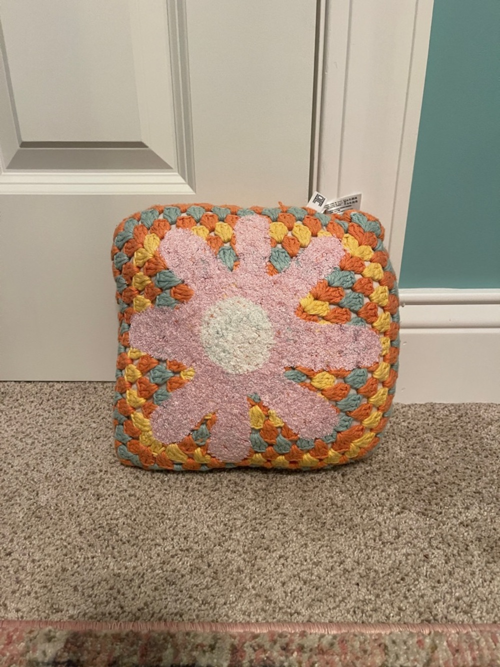 Urban Outfitters Crochet Daisy Accent Pillow in Pink, Yellow, Orange, Teal